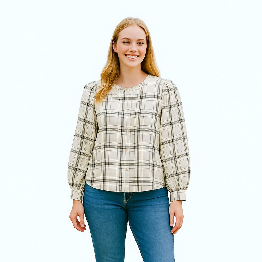 Wilfred Free Puff Sleeve Button front plaid Top